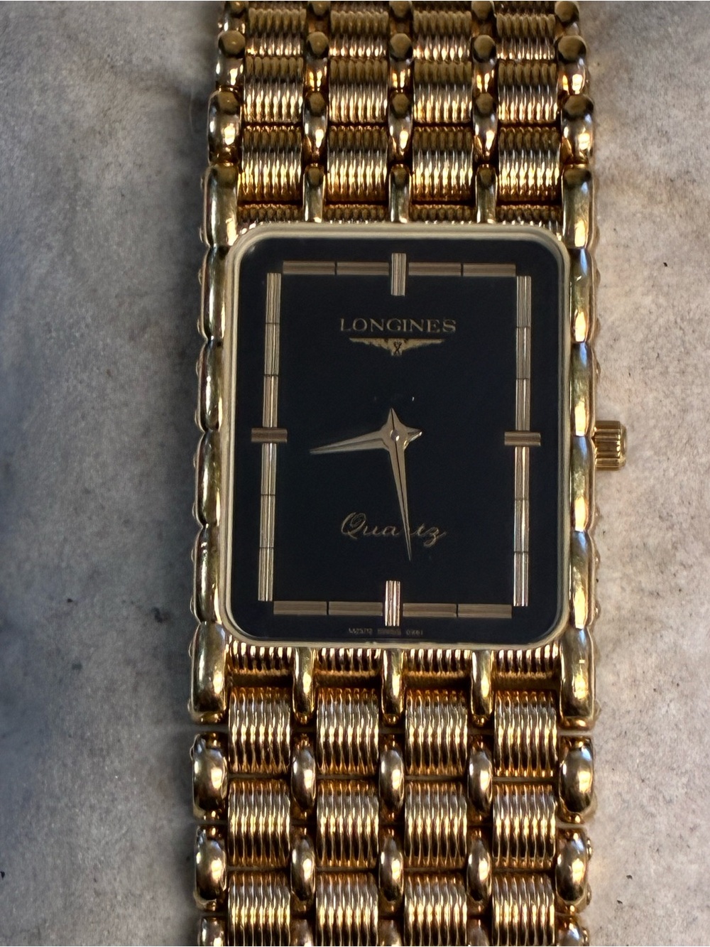 Working LONGINES MZ5712 Quartz Square RARE Black Dial Gold Watch